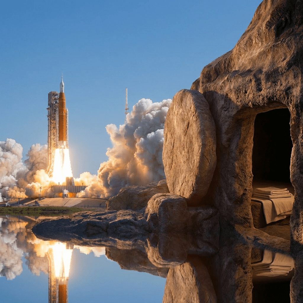 Split-screen showing a rocket launching into space and an empty tomb with the stone rolled away.